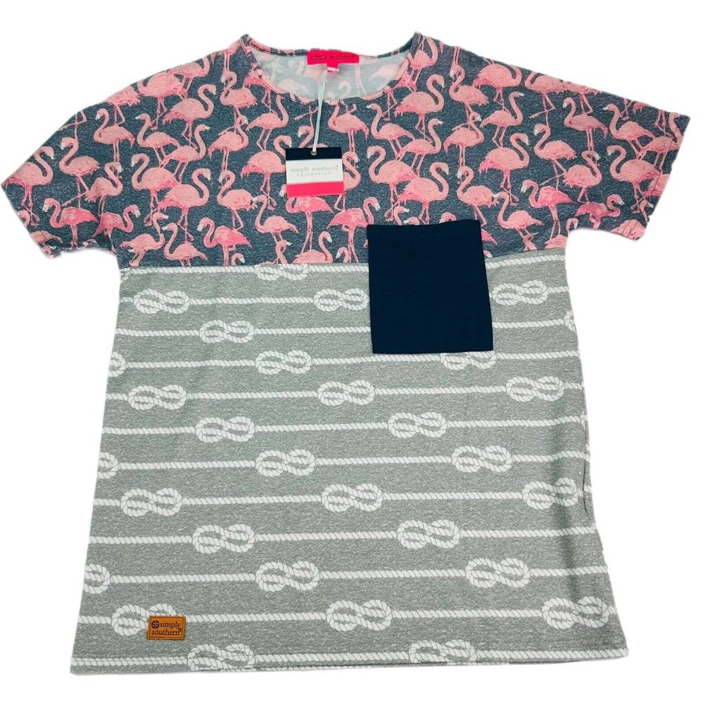 2/$30 Simply Southern T-Shirt Womens Small S Gray Soft Flamingos Nautical Sea